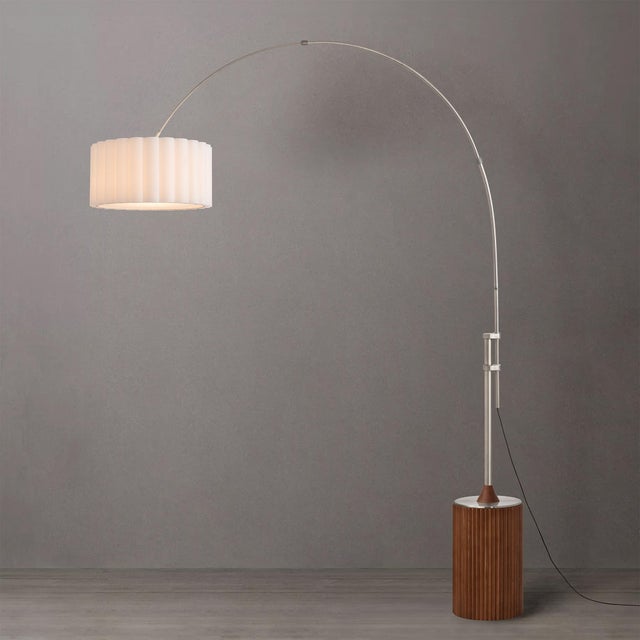 Mid-Century Modern 1980s Nova of California Tambo Floor Lamp - 92" Mid Century Arc Lamp, Dark Walnut Wood Base, Satin Nickel Finish, White Drum Shade For Sale - Image 3 of 6