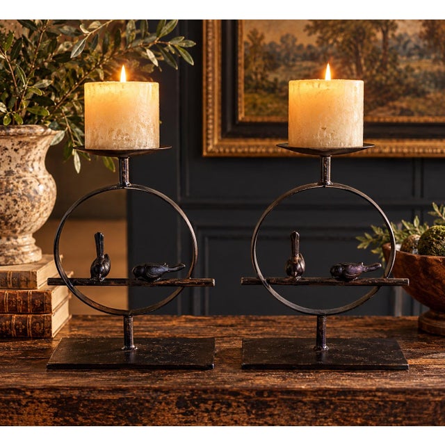 Coffee Pair of Pottery Barn Heavy Iron Bird & Branch Pillar Candle Holders For Sale - Image 8 of 8