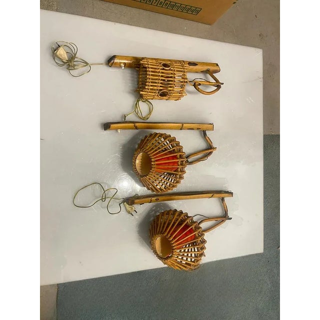 Vintage Bamboo Sconces attributed to Louis Sognot, France, 1960s, Set of 3 For Sale - Image 9 of 10