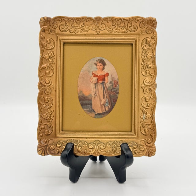 Mid 20th Century Vintage Ornate Gold Gilt Frame With Victorian Girl and White Cat Portrait For Sale - Image 5 of 5