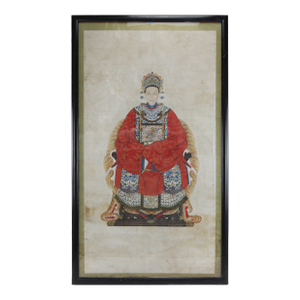 Large Framed Mid-Qing Dynasty Chinese Meticulous Ancestor Portrait Painting in Red