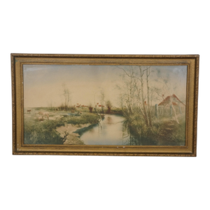 Early 20th Century Antique Country Farmhouse Cow Pasture Colored Landscape Print 31"