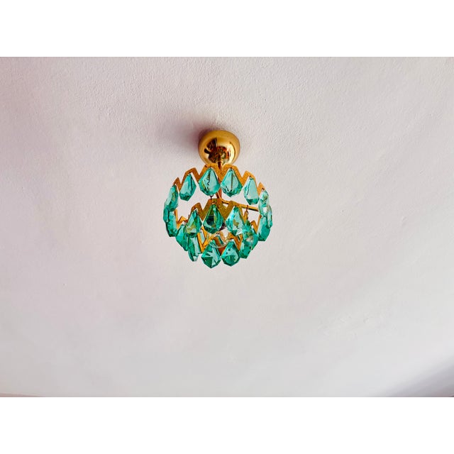 Glass 1960s Luxury Mini Brass Chandelier With Turquoise Crystal Drops, Starburst Shadow Ceiling Projection Light, Restored Antique Style Light Fixture For Sale - Image 7 of 18