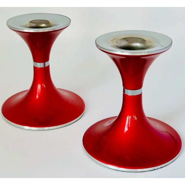 Mid-Century Modern by Norway’s Bjørn Engø for Emalox, Red Enamel on Aluminum Candlesticks- a Pair For Sale In San Antonio - Image 6 of 12