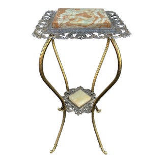 Antique Two-Tier Art Nouveau Brass and Onyx Planter Stand With Gallery For Sale