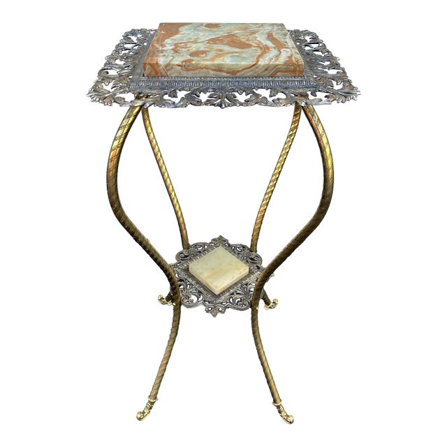 Antique Two-Tier Art Nouveau Brass and Onyx Planter Stand With Gallery For Sale