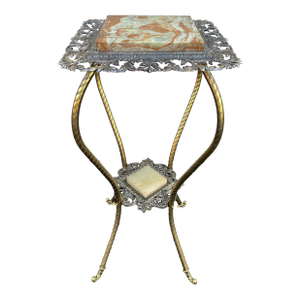 Antique Two-Tier Art Nouveau Brass and Onyx Planter Stand With Gallery