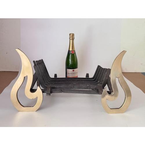 Modernist Wrought Iron and Brass Fire Andiron