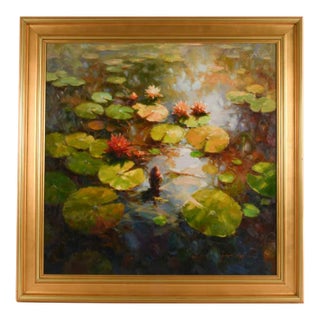 Late 20th Century Framed Signed Zhao Song Floating Lilypads Oil on Canvas For Sale