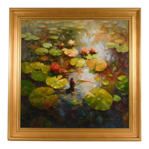 Late 20th Century Framed Signed Zhao Song Floating Lilypads Oil on Canvas