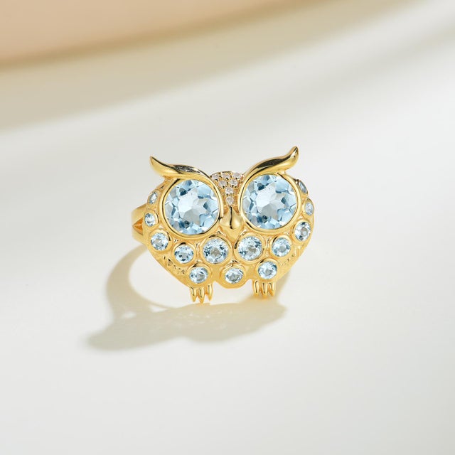 Contemporary Nina Zhou Fantasy Aquamarine Diamond Owl Ring in 14k Gold - Ring Size 6 For Sale - Image 3 of 4