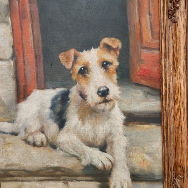 A really well executed oil on canvas portrait painting of a wire haired fox terrier. Framed. Unsigned