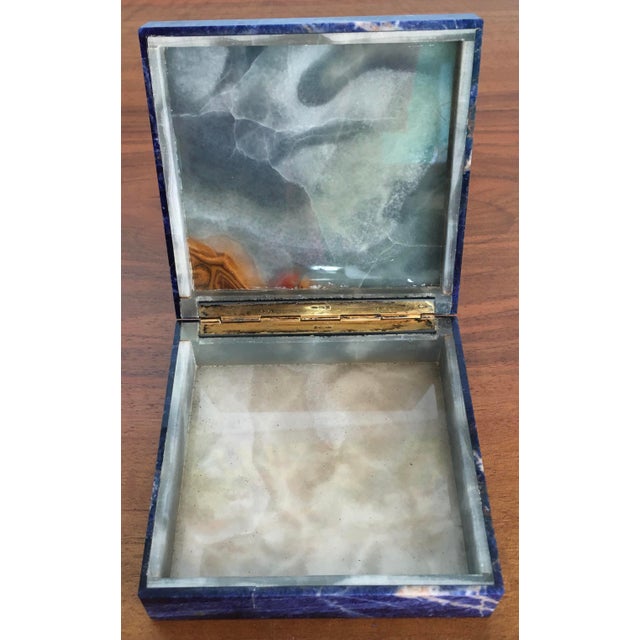 Gemstone Vintage Lapis Lazuli Semi Precious Stone Box With Hinged Lid White Marble or Alabaster Interior. For Sale - Image 7 of 8