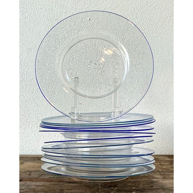 Murano Vintage Italian Carloe Scarpa for Murano Blue Tipped Glass Plates - Set of 12 For Sale - Image 4 of 12
