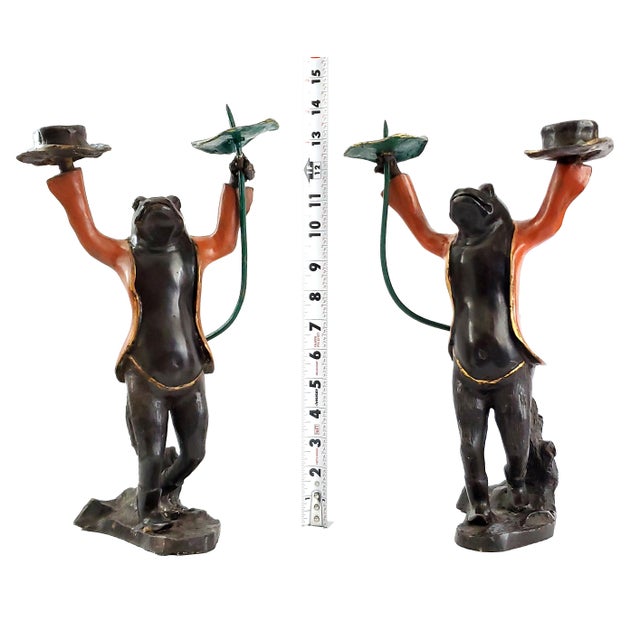 Modern Candlestick Pair - Large Antique Hand Painted Bronze Frogs For Sale - Image 3 of 18