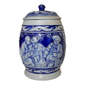 Antique Handmade Westerwald Blue and White German Pottery Lidded Tobacco Jar