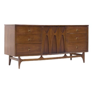 Broyhill Brasilia Mid Century Walnut and Brass 9-Drawer Lowboy Dresser For Sale