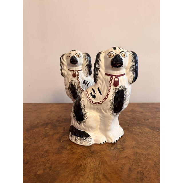 Lovely pair of antique Victorian Staffordshire dogs, having a pair of seated Staffordshire dogs with white and black...