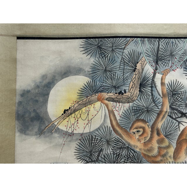 Oriental Scholar Monkeys Ink Brush Color Scroll Painting Wall Art For Sale - Image 11 of 11