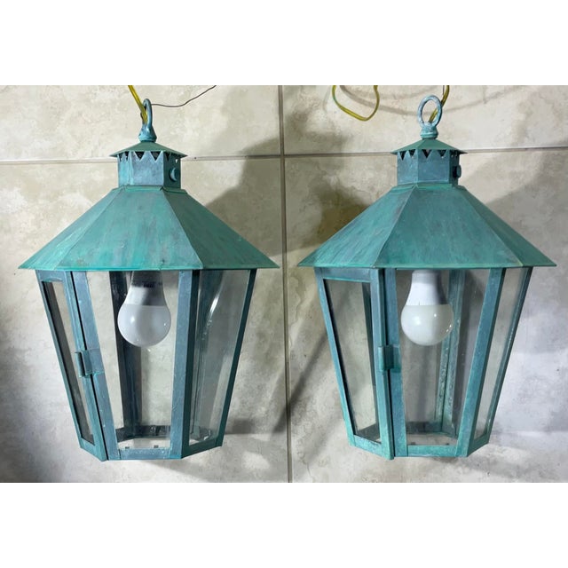 Pair of Vintage Solid Brass Hanging Lanterns For Sale - Image 12 of 12