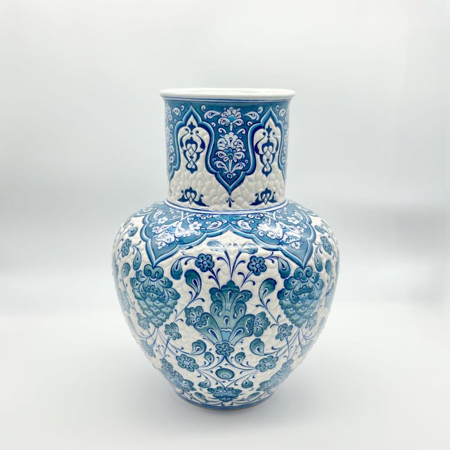 Ceramic Handmade Ceramic Ata Vase (30cm) Turquoise Relief Floral with Scale Texture For Sale - Image 7 of 9