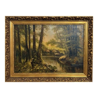 Antique European Original Oil Painting on Canvas, Summer Forest Landscape Framed For Sale