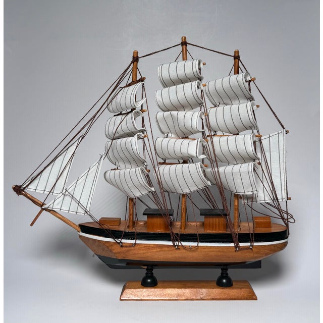 White Americana Nautical Wooden Decorative Clipper Tall Ship Model, Black, White & Brown For Sale - Image 8 of 12