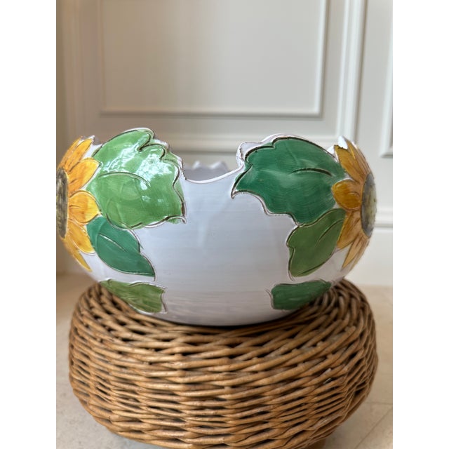 Vintage 12” Italian Sunflower Insized, Glazed Handpainted Terracotta Bowl For Sale In Los Angeles - Image 6 of 18
