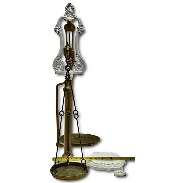 Very Large Size Antique Brass & Enameled Cast Iron Manchester England Wholesale Poultry Sellers Scale - 34 Inches Tall For Sale - Image 15 of 18