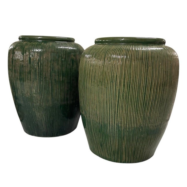 Ceramic A Pair of Large Mid-Century Modern Ribbed Green Glazed Ceramic Ovoid Planters For Sale - Image 7 of 12