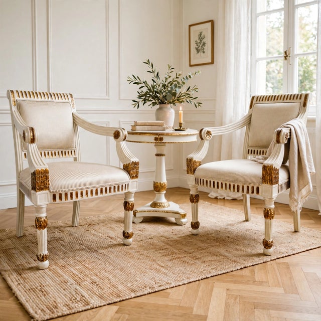 A pair of vintage Italian Neoclassical armchair fauteuils in classic style of late 18th to early 19th-century Italian...