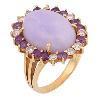 Vintage Lavender Jade Amethyst Diamond 14k Yellow Gold Cluster Ring, Size 5 For Sale