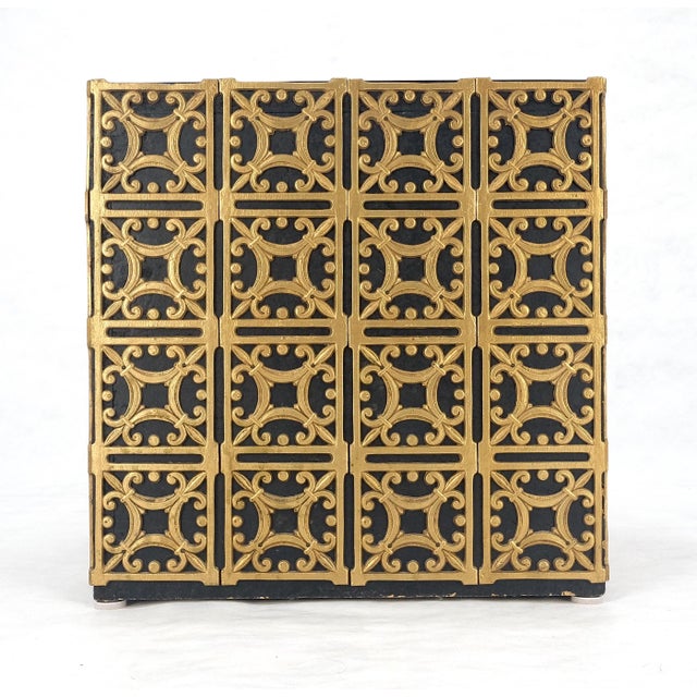 Metal Decorative Brass Pattern Shaped Cube Base Side Table w/ Smoke Mirrored Top MINT For Sale - Image 7 of 13