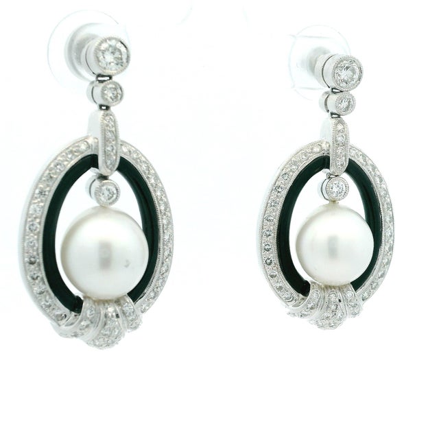 Metal Vintage 18k White Gold South Sea Pearl, Onyx and 5 Carat Diamond Earrings, Pair For Sale - Image 7 of 10