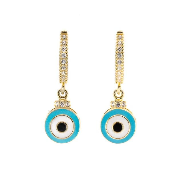 Turquoise Enamel Diamond Hoop Evil Eye Earrings, A Pair For Sale - Image 9 of 9