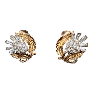 Vintage 1954 Signed Crown Trifari Goldtone Clear Rhinestone "Thistle" Clip Earrings-2 Pieces For Sale