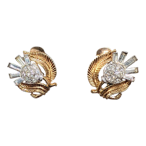 Vintage 1954 Signed Crown Trifari Goldtone Clear Rhinestone "Thistle" Clip Earrings-2 Pieces