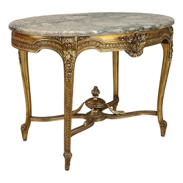 19th Century French Louis XVI Gilded Marble Top Oval Center Table For Sale