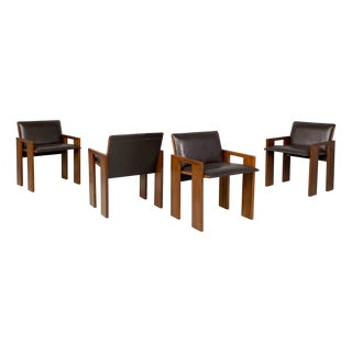 Italian Modern Brown Leather and Wood Chairs by Marco Zanuso for Poggi, 1970s, Set of 4 For Sale