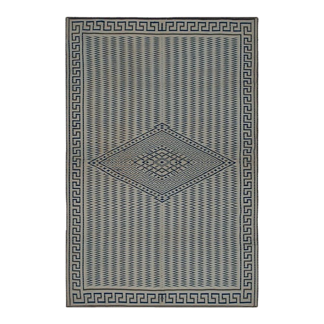 1890s Beige Field Antique Greek Key Border Native American Navajo Flatwoven Rug For Sale