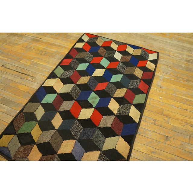 1920s Multicolor Square Tridimensional Antique American Hooked Rug 2'10" X 4'10" Handknotted Wool Carpet For Sale - Image 4 of 6