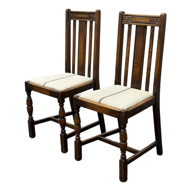 Jacobean Revival Antique Oak Upholstered Side Chairs, Pair For Sale