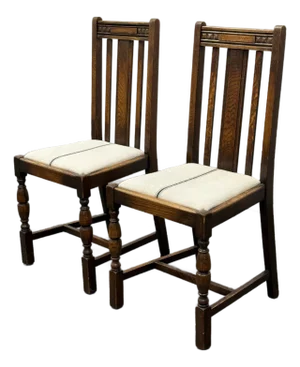 Jacobean Revival Antique Oak Upholstered Side Chairs, Pair