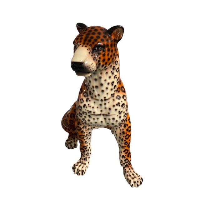 Italian Vintage Italian-Style Glazed Ceramic Leopard Floor Sculpture For Sale - Image 3 of 12