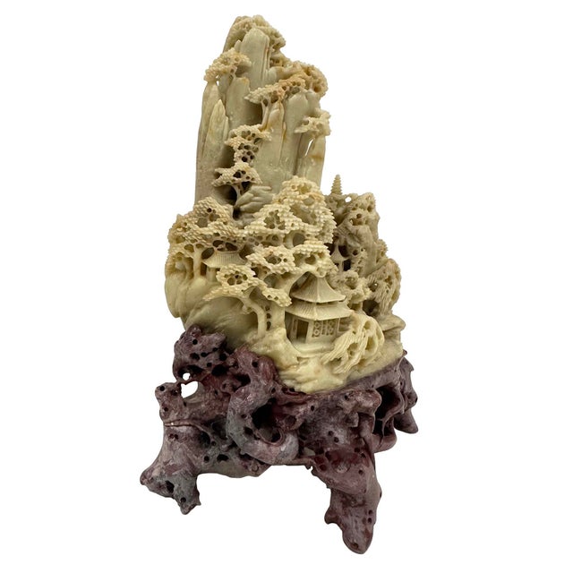 Vintage Hand Carved Chinese Soapstone Mountain Village With Pagoda Landscapes For Sale In Los Angeles - Image 6 of 12