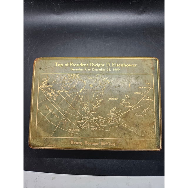 Jade-colored leather cigarette box commemorating President Eisenhower's international tour in December 1959 ("Operation...