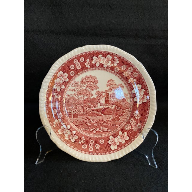 Spode Final Markdown. Rare Find; Spode “Pink Tower” Design English Transferware Side Plates. Set of 3 For Sale - Image 4 of 10