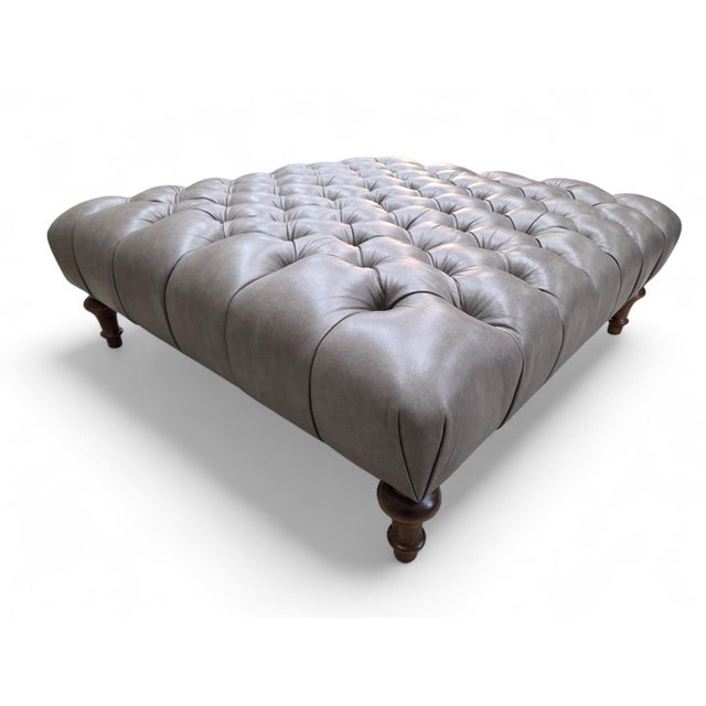 Gray Vintage Chesterfield Style Tufted Gray Leather Ottoman For Sale - Image 8 of 9