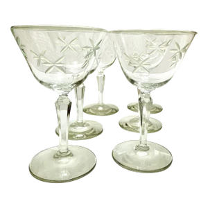Vintage Circa 1960s Etched Cocktail Wine Glasses, Set of Six