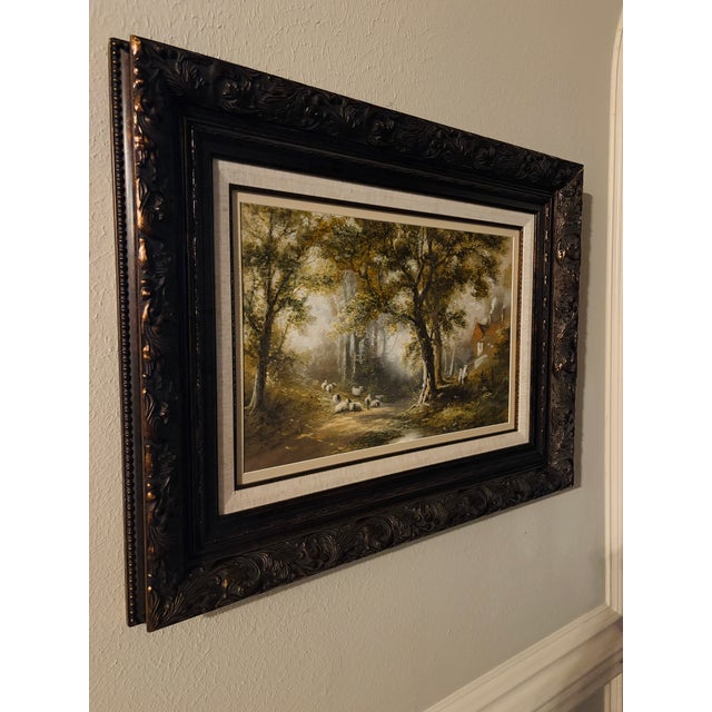 Warren Clarke Original 1989 Oil Painting Woodland Sheep Landscape in Ornate Frame For Sale - Image 4 of 14